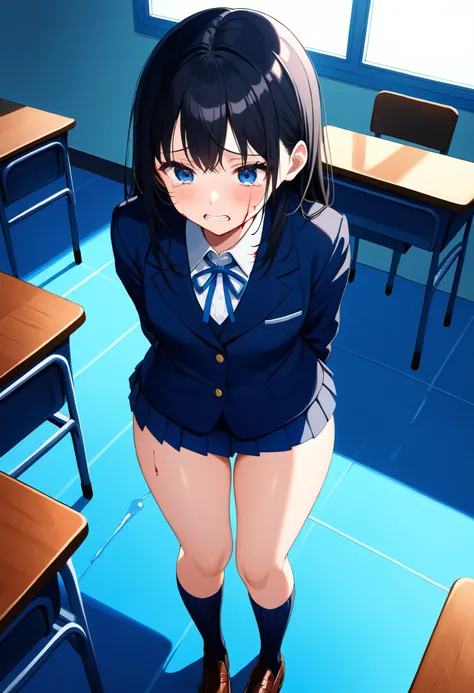 Rating: Safe, Full Body, From Above, Front View, Human, Girl, Standing, (Arms Behind Back), Black Socks, Ribbed Knee Socks, Brown Loafers, Excellent, Black Hair, Blue Eyes, Medium Long Hair, Very Thin Hair, Beautiful Eyes, Looking Down, Pained Expression, ...