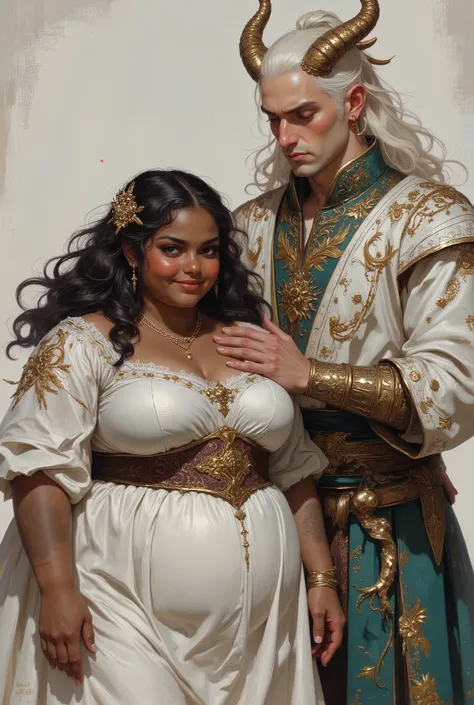 1 fat big large overweight heavy feminine beautiful young human woman with dark brown tan tanned skin color human ears and 1 and a lot taller adult young feminine man hairless face with pale white skin long white hair and gold dragon horns on top of his he...