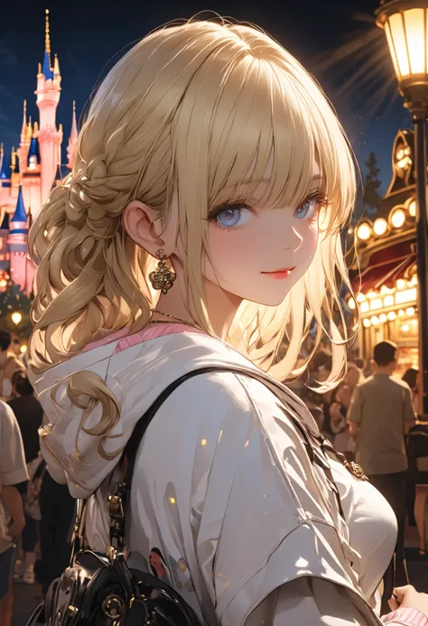 The personification of a cake, Beautiful girl, 鎧のBeautiful girl, Armor reflects light、Delicate Expression, expression of sorrow, inquisitive gaze, modest smile, White-blonde hair, clean atmosphere, Tokyo Disneyland,Tokyo Disneylandの活気に満ちた魔法のような雰囲気の中を歩く, ca...