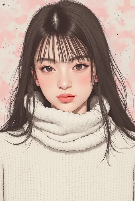 ((illustration))、Close up of a woman wearing a white knit, Smile Yan、Tomer Hanukkah  , Popular on CGSociety,full bang、 brown hair、Semi Long Random Hair、 Conceptual Art, laurie greasley and James Jean,   Jamie Hewlett Art  , Laurie Gracie's Style, James Jea...