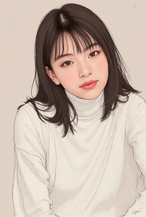 ((illustration))、Close up of a woman wearing a white knit, Smile Yan、Tomer Hanukkah  , Popular on CGSociety,full bang、 brown hair、Semi Long Random Hair、 Conceptual Art, laurie greasley and James Jean,   Jamie Hewlett Art  , Laurie Gracie's Style, James Jea...