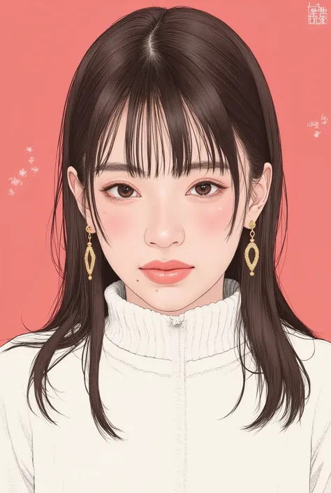 ((illustration))、Close up of a woman wearing a white knit, Smile Yan、Tomer Hanukkah  , Popular on CGSociety,full bang、 brown hair、Semi Long Random Hair、 Conceptual Art, laurie greasley and James Jean,   Jamie Hewlett Art  , Laurie Gracie's Style, James Jea...