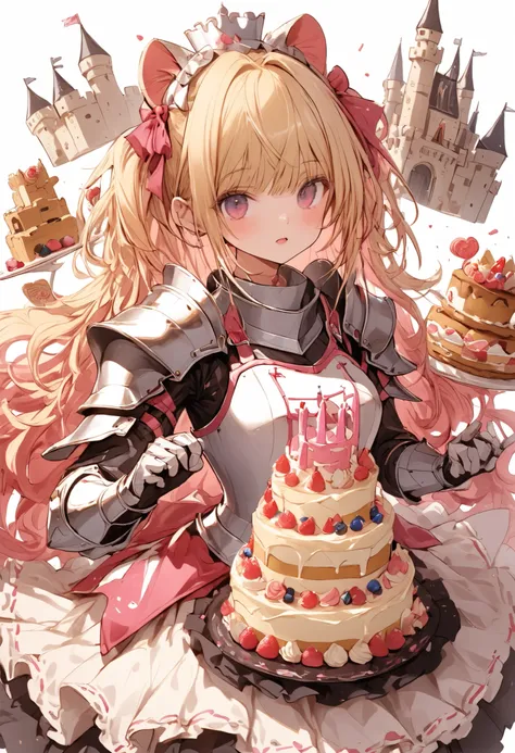 Knight of Cakes、The personification of a cake、Cookie Armor 、Beautiful girl、Candy Castle、 Cookie Bricks、The Knights in Armor、strong pose、Cream dances、