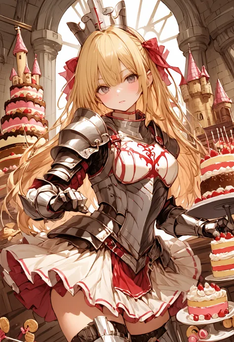 Knight of Cakes、The personification of a cake、Cookie Armor 、Beautiful girl、Candy Castle、 Cookie Bricks、The Knights in Armor、strong pose、Cream dances、