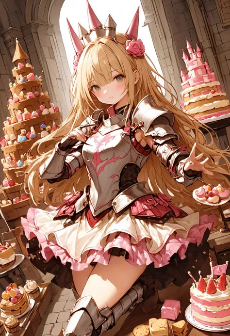 Knight of Cakes、The personification of a cake、Cookie Armor 、Beautiful girl、Candy Castle、 Cookie Bricks、The Knights in Armor、strong pose、Cream dances、