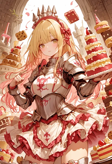 Knight of Cakes、The personification of a cake、Cookie Armor 、Beautiful girl、Candy Castle、 Cookie Bricks、The Knights in Armor、strong pose、Cream dances、