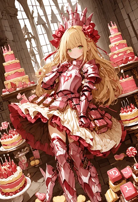 Knight of Cakes、The personification of a cake、Cookie Armor 、Beautiful girl、Candy Castle、 Cookie Bricks、The Knights in Armor、strong pose、Cream dances、