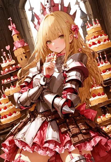 Knight of Cakes、The personification of a cake、Cookie Armor 、Beautiful girl、Candy Castle、 Cookie Bricks、The Knights in Armor、strong pose、Cream dances、