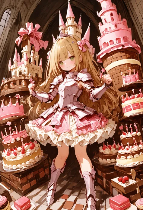 Knight of Cakes、The personification of a cake、Cookie Armor 、Beautiful girl、Candy Castle、 Cookie Bricks、The Knights in Armor、strong pose、Cream dances、