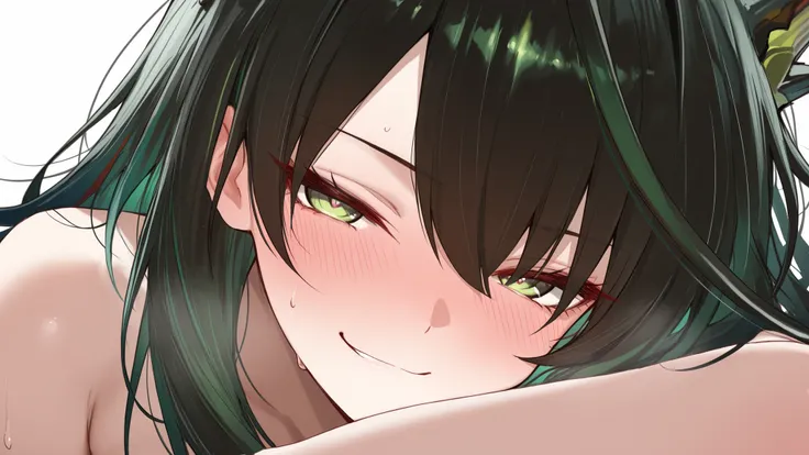 masterpiece, best quality, absurdres, beautiful detailed, eroge, 1girl, mon3tr_\(personification\)_\(arknights\), black hair, colored inner hair, green hair, green eyes, nude, seductive pose, blush, close-up, smirk, simple background, white background