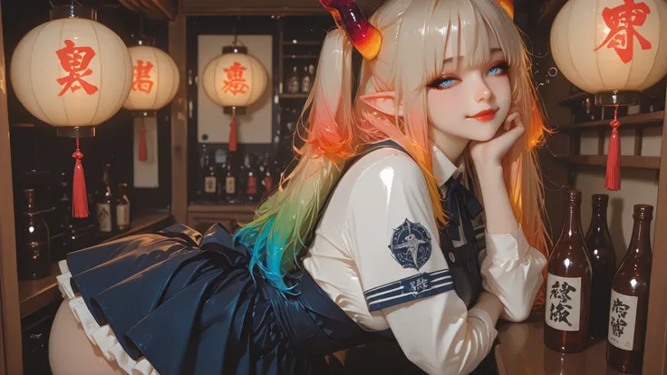 eye,dragon eye,solo, Masterpiece,  Sleepy look , anime style, curvy body,  cute and sexy , seductive, neat lines, delicate details of fabric and smooth skin,black eyeliner and eyeshadow, sexy red lips, super realistic skin, horsetail, rainbow hair color, á...