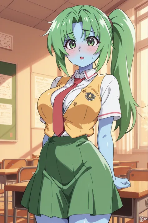 high quality, masterpiece, best quality, Mion Sonozaki from Higurashi with signature long bright green hair tied in high side ponytail, expressive green eyes showing mixture of emotions, characteristic school uniform partially disheveled with white shirt u...