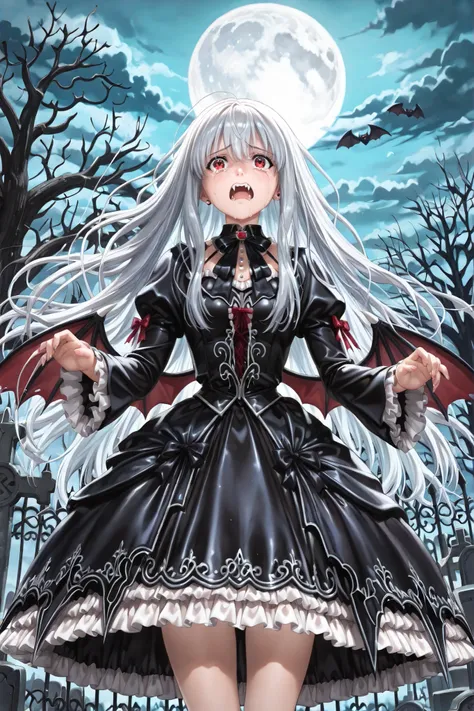 ((horror movie style vampire costume, vampire girl, long flowing hair, with fair skin,  sharp fangs, Sparkling elegant gothic dress, Batwings)), 

(background: Old Graveyard at Midnight, misty atmosphere, Broken Tombstone, dead tree, Wrought Iron Fence, Fu...