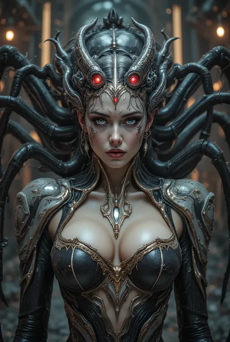 "realistic seductive spider queen, female humanoid upper body fused with monstrous spider legs, dark chitin armor, bioluminescent red eyes, multiple eyes on forehead, pearl white and golden and crimson tones, highly detailed organic textures, seductive exp...
