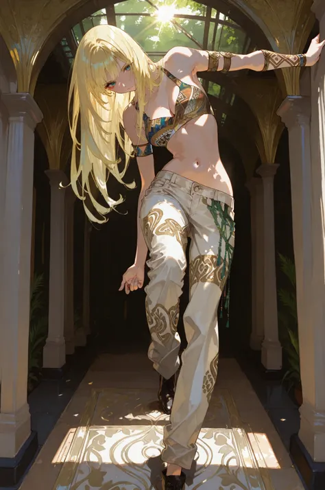 (masterpiece:1.5, ultra-detailed, in the style of Oh! Great, expressive linework, blonde-haired girl with long hair, wearing african-inspired patterned wrap top, fitted pants, and decorative arm bands, standing in striking pose with one foot forward,bright...