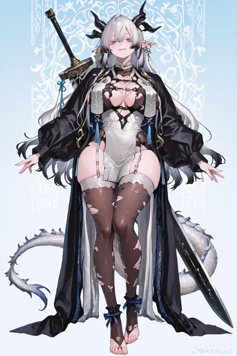   8k wallpaper、    top quality 、masterpiece,   748cm スThailandル   、sexy black bralette dress with fishnet top beneath,   woman 1 person、ribbon、piercings and earrings on her ears,  pointy elf ears, black ripped pelvic curtain dress、 cute black oversized coa...