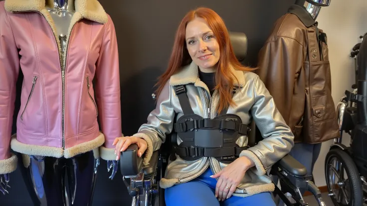 ,a wide angle image of a 38 year old woman with long red hair, tall woman, sitting in a powered wheelchair, in a futuristic leather store, leather jackets on a rack near her, the woman has her hand on a pink leather jacket, the woman is wearing a brnfurlth...