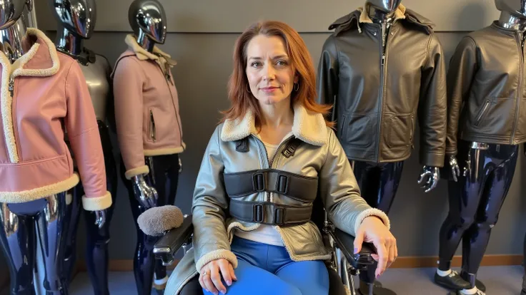 ,a wide angle image of a 38 year old woman with long red hair, tall woman, sitting in a powered wheelchair, in a futuristic leather store, leather jackets on a rack near her, the woman has her hand on a pink leather jacket, the woman is wearing a brnfurlth...