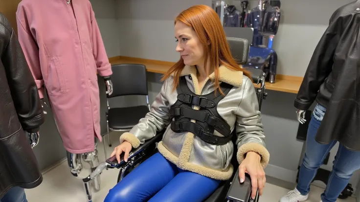 ,a wide angle image of a 38 year old woman with long red hair, tall woman, sitting in a powered wheelchair, in a futuristic leather store, leather jackets on a rack near her, the woman has her hand on a pink leather jacket, the woman is wearing a brnfurlth...