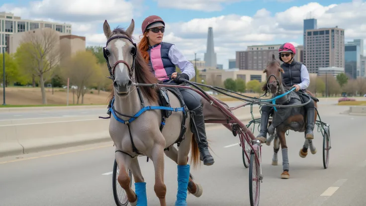 ,a wide angle image of a 38 year old woman with long red hair, wearing a pink and blue leather horse riding vest that is heavily armored and thick, wearing a white rubber shirt, wearing black and pink leather pants, wearing blue rubber boots, harnessrcrdrv...