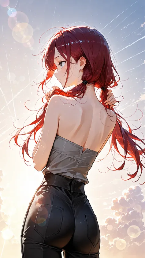 lens flare,lensflare-style,Colorful,(masterpiece, best quality),Beautiful woman,air focus,hands in hair, beautiful strands of hair flying in the air, profile shot with hair as the main focus,long-hair,dark red hair, swept bangs, low twin tails, gray eyes, ...