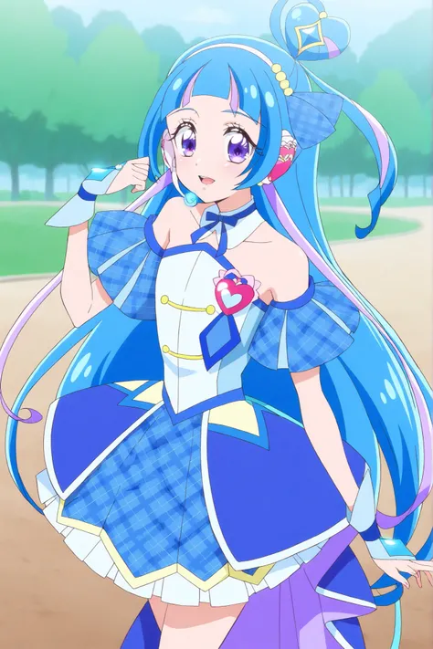 cure wink, kimi to idol precure, blue hair, magical girl, mini crown, purple eyes, blue dress, tilted headwear, very long hair, blunt bangs, bare shoulders, hairband, two-tone hair, purple hair, jewelry, idol clothes, idol, masterpiece, best quality, newes...