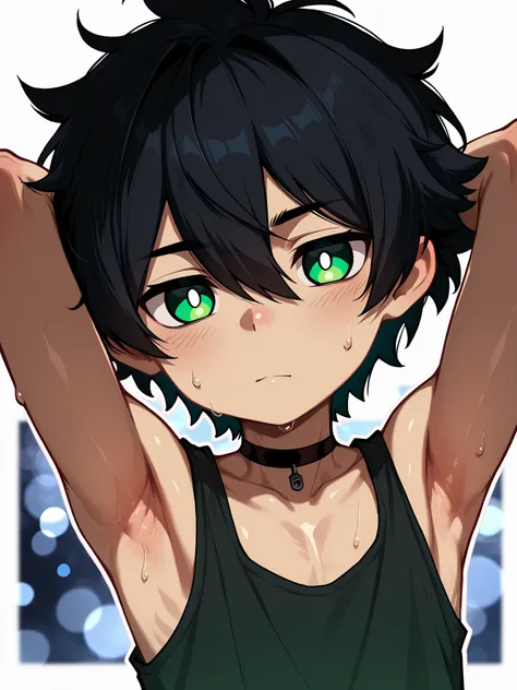 High Resolution, Masterpiece, Best quality, Top Quality, high quality, high detail, Anime style, 1boy, Shota, young boy, young Andy Graves, hair between eyes, closed mouth, black hair, green eyes, Slender body, messy hair, looking at viewer, Tank top, Bare...