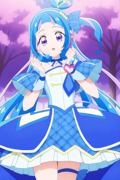cure wink, kimi to idol precure, blue hair, magical girl, mini crown, purple eyes, blue dress, tilted headwear, very long hair, blunt bangs, bare shoulders, hairband, two-tone hair, purple hair, jewelry, idol clothes, idol, masterpiece, best quality, newes...