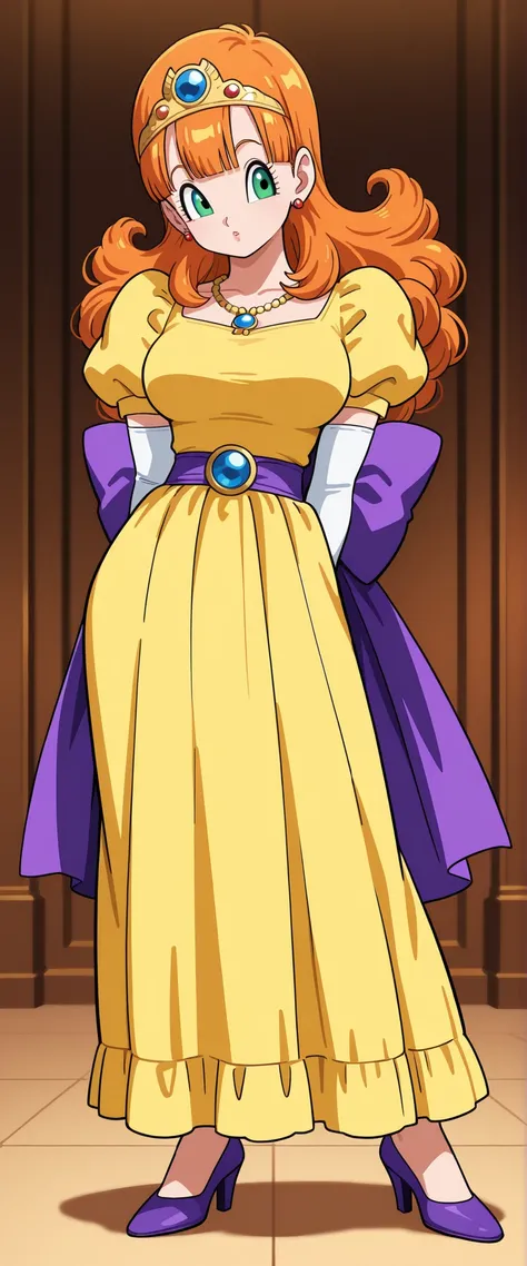 1girl, prcslr, (toriyama akira style:0.6), anime coloring, orange hair, long hair, curly hair, blunt bangs, green eyes, large breasts, tiara, earrings,
necklace, white gloves, elbow gloves, yellow dress, long dress, puffy short sleeves, purple sash, waist...