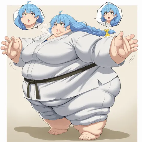 aparida rain, long hair, bangs, green eyes, blue hair, yellow eyes, braid, ahoge, hair bow, grey eyes, single braid, yellow bow, braided ponytail, karate gi, fat, chubby, obese, fat neck, multiple chins, big breasts open mouth, out of breath, Larger female...