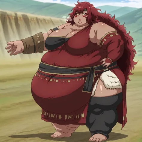 Sus0r4, 1girl, dark skin, tribal, red hair, very long hair, messy hair, hair between eyes, yellow eyes, red facepaint, black headband,
red strapless dress, long dress, detached sleeves, red bridal gauntlets, sash, side slit, black thighhigh, fat, chubby, o...