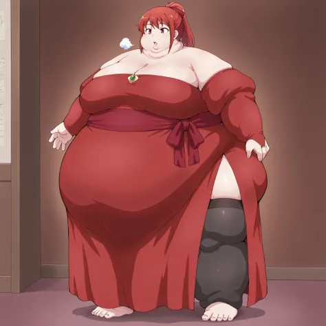 mikaisksmpn, red eyes, addmicrodetails,
red strapless dress, long dress, detached sleeves, red bridal gauntlets, sash, side slit, black thighhigh, fat, chubby, obese, fat neck, multiple chins, big breasts open mouth, out of breath, Larger female, full body...