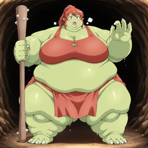 mikaisksmpn, red eyes,
 addmicrodetails, Becoming a orc, monster, Orc, Female Orc, green skin, tusks, Orc, fangs, 1girl, fabric clothes, loincloth, blank_stare, empty_stare, fat, chubby, obese, gigantic arms and legs, large breasts, sweating, wet body, swo...