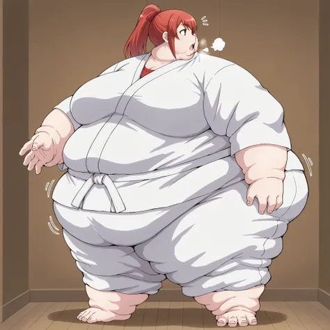 mikaisksmpn, red eyes, addmicrodetails,
Karate gi, fat, chubby, obese, fat neck, multiple chins, big breasts open mouth, out of breath, Larger female, full body shot, only head, large head, oversized limbs, large hands, large feet, oversized feet, oversize...