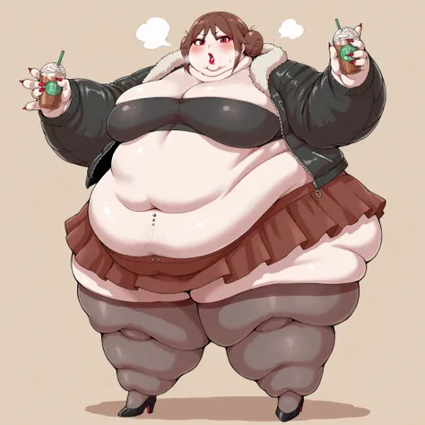 yuzuki tachibana, 1girl, solo, looking at viewer, blush, brown hair, red eyes, hair bun, furr jacket, tube top, midriff, belly button piercing, skirt, stockings, high heels, long nails, makeup, lipstick, fat, chubby, obese, fat neck, multiple chins, big br...