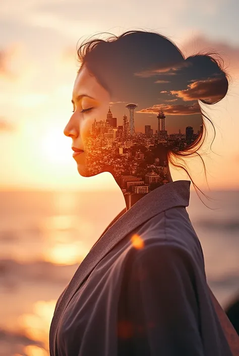 high quality, 8K Ultra HD, A beautiful double exposure that combines an goddess silhouette with sunset coast, sunset coast should serve as the underlying backdrop, with its details incorporated into the goddess , crisp lines, The background is monochrome, ...