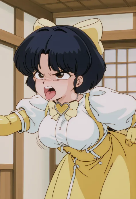 1 girl, tendou akane, dark blue hair, short hair, dark brown eyes, medium breasts, NSFW, angry expression, angry, traditional Japanese house, Ojos detallados, detailed breasts, sexy waist,  sexy hips, cosplay, Mahou Shoujo ni Akogarete cosplay, Magia sulfu...