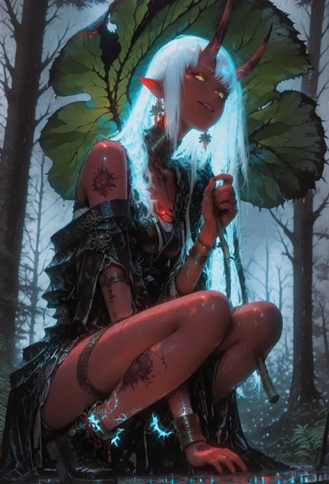 masterpiece, best quality, ultra-detailed, very aesthetic, depth of field, best lighting, detailed illustration, soft lighting, bloom effect, detailed background, cute girl, eyelashes, Aka-Oni, oni, (oni horns), colored skin, (red skin:1.3), smooth horns, ...