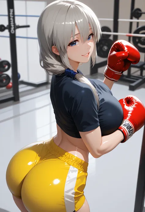 score_9, masterpiece, top quality, vibrant, Very Aesthetic, High Contrast , Semi-realistic, , natural light, uzaki tsuki, blue eyes, grey_hair, long_hair, low_ponytail, side_ponytail, hair_between_eyes,  , huge breasts,, black shirt, , athletic body, midri...
