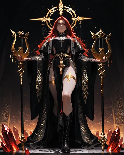 Low angle, (masterpiece, 4k, ultra detailed, {mantra}: (a beautiful androgynous figure, based on the Bishōnen style beauty standard, tall and imposing, with long red hair that conceals his eyes, he wears a heavy black ceremonial robe open at the front, rev...