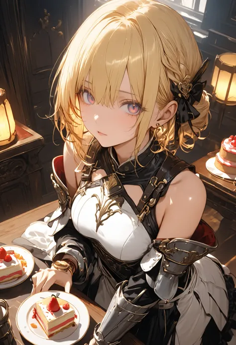 Knight of Cakes、The personification of a cake、Cookie Armor 、swordsman、Beautiful girl、Candy Castle、 Cookie Bricks、((from above:1.2)),The Knights in Armor、strong pose、Cream dances、(masterpiece,Highest Quality,ultra detail,超high definition,detailed background...