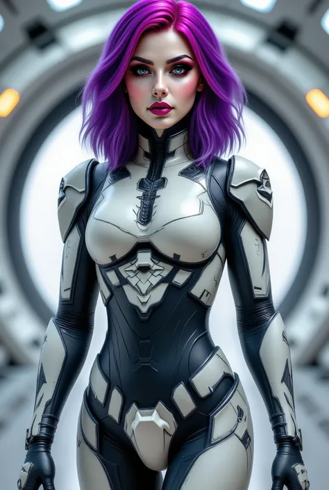 The image is a semi-vector style digital illustration featuring a beautiful cyborg woman with purple and magenta hair, her body armor is built from an unknown metal, indestructible and has a matte finish, in the background we see the inside of a futuristic...