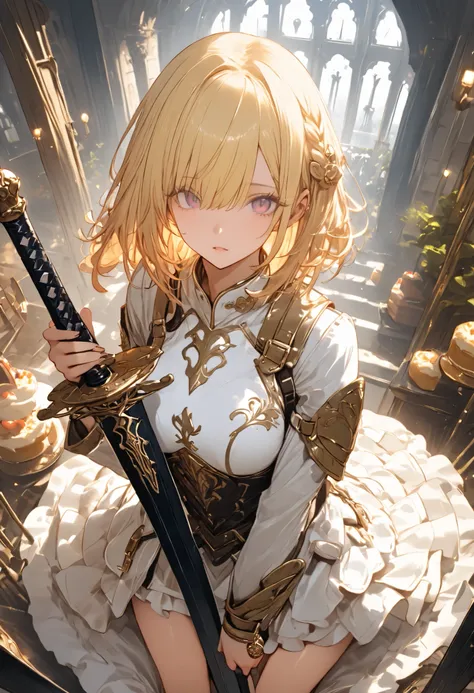 Knight of Cakes、The personification of a cake、Cookie Armor 、((big black sword:1.2))、((swordsman))、Beautiful girl、Candy Castle、 Cookie Bricks、((from above:1.2)),The Knights in Armor、strong pose、Cream dances、(masterpiece,Highest Quality,ultra detail,超high de...