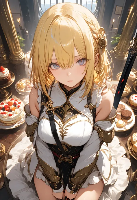 Knight of Cakes、The personification of a cake、Cookie Armor 、((big black sword:1.2))、((swordsman))、Beautiful girl、Candy Castle、 Cookie Bricks、((from above:1.2)),The Knights in Armor、strong pose、Cream dances、(masterpiece,Highest Quality,ultra detail,超high de...