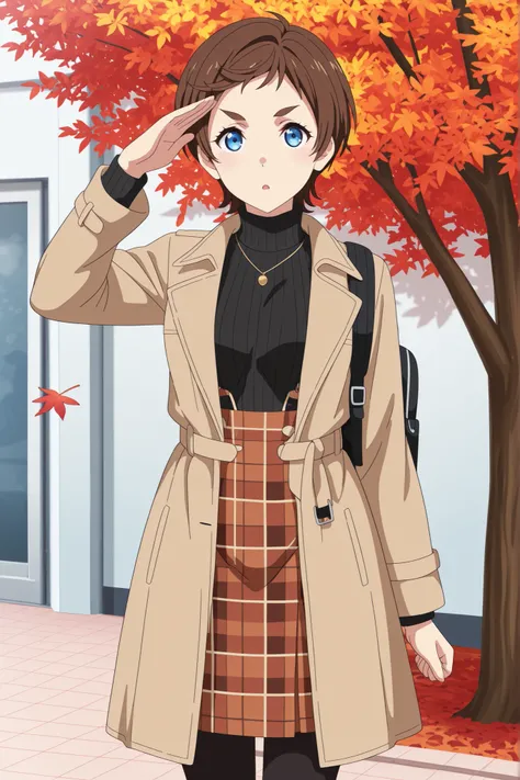 Anime style Free! - Iwatobi Swim Club, blue eyes
Turtleneck: She is wearing a black turtleneck sweater, which is both practical and stylish for cooler weather.
Skirt: She wears a long (midi or maxi) skirt with a plaid (tartan) pattern in brown and orang...