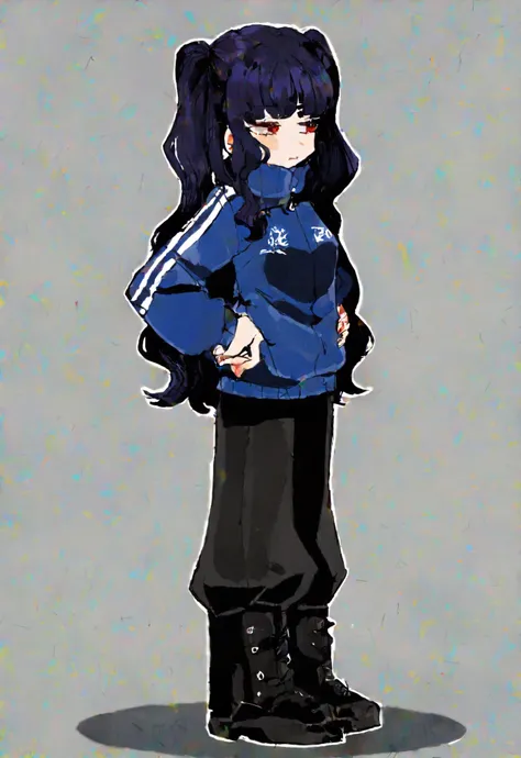 masterpiece, perfect face, beautiful face, perfect hands, beautiful hands, white background, Limbus_Chibi_Artstyle, chibi, 1girl, solo, dark blue hair, long hair, twin tails, wavy hair, red eyes, proud, hands on hips, windbreaker jacket, black pants, black...