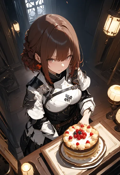 (((Knight of Cakes)))、The personification of a cake、Cookie Armor 、((big black sword))、((swordsman))、There's a big sword stuck in the floor、Beautiful girl、brown hair、Candy Castle、 Cookie Bricks、((from above:1.2)),The Knights in Armor、strong pose、Cream dance...