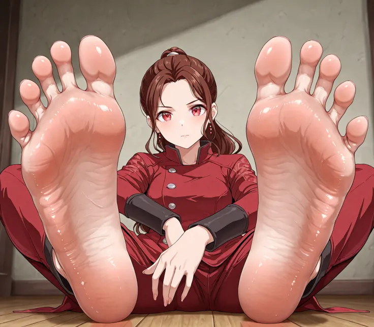  ((foot muscle line))、(((sits on the floor)))、bold composition、Highest Quality、close-up of the sole、Sole texture, Reika, 1girl, solo,  brown hair, jewelry, earrings, ponytail, red coat, red eyes, long hair, long sleeves, 