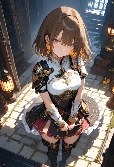 (((Knight of Cakes)))、The personification of a cake、Cookie Armor 、((big black sword))、((swordsman))、There's a big sword stuck in the floor、Beautiful girl、brown hair、Candy Castle、 Cookie Bricks、((from above:1.2)),The Knights in Armor、strong pose、Cream dance...