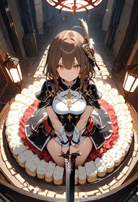 (((Knight of Cakes)))、The personification of a cake、Cookie Armor 、((big black sword))、((swordsman))、There's a big sword stuck in the floor、Beautiful girl、brown hair、Candy Castle、 Cookie Bricks、((from above:1.2)),The Knights in Armor、strong pose、Cream dance...